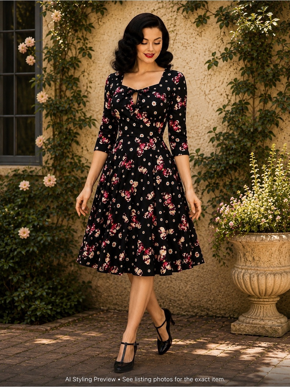 Cherry Velvet S Black Butterfly Floral Cotton Fit & Flare Dress Retro